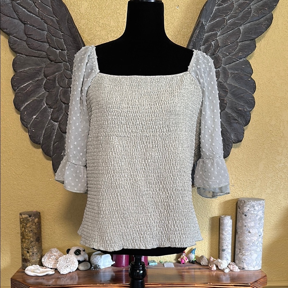 Siren Lily Gray Smocked Blouse with Sheer Sleeves